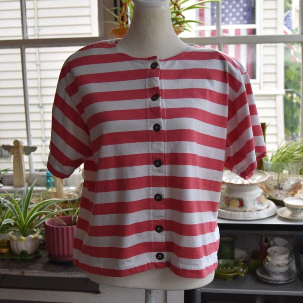 Vintage 90s Chrysanthemum Pink White Striped Button Front Top Women’s M